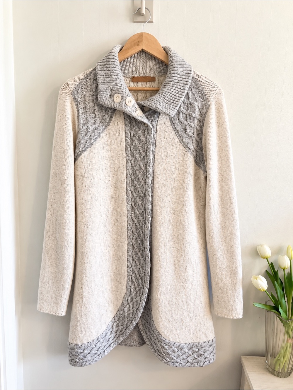 PrAna Longline Cable Knit Cardigan Sweater Women’s Large Ivory Gray
